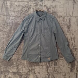 Carhartt Shirt Blouse Women's M Blue Roll Tab Sleeve Button Top Ribbed Chore
